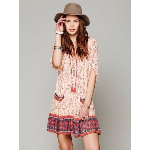 Free People Dresses & Skirts - Free People Babydoll Swing Boho Floral Print Tunic Dress Womens Small
